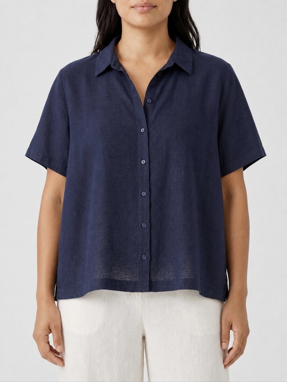 Eileen Fisher Organic Linen Navy Oversized Boxy Button Up Shirt M Semi Sheer